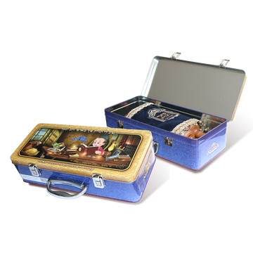 Blue children's toy Sefer Torah in an open illustrated carrying box, alongside a closed-box view