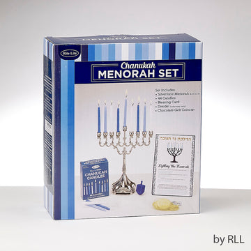 Rite Lite Set Of Silvertone Menorah, Candles, Gelt, Dreidel