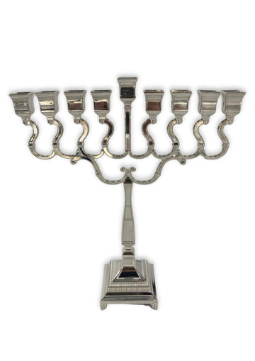 Silver-plated candle menorah with squared cups and arms on a square column and base