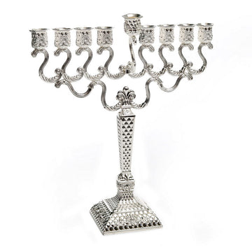 Silver-plated menorah with scrolled arms, a textured square column and a square patterned base
