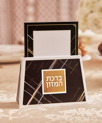 Simchonim marble style bencher stand with benchers, shown on a table setting