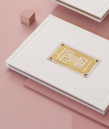 Simchonim haggadah with Lucite plate in white, shown on a table setting