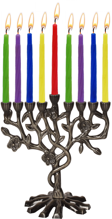 Dark bronze-toned tree-shaped menorah holding colored Chanukah candles
