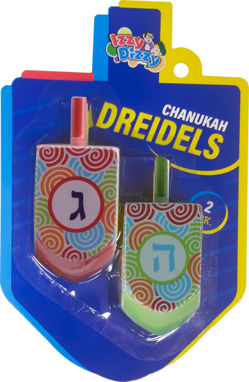 Two large wooden dreidels with a multicolor swirl pattern on a dreidel shaped card