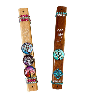Tree of Life hardwood mezuzah case with glass image and rhinestones