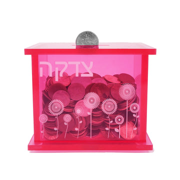 Rite Lite Pink Acrylic Tzedakah Box, Flower Design, 4 Inch High