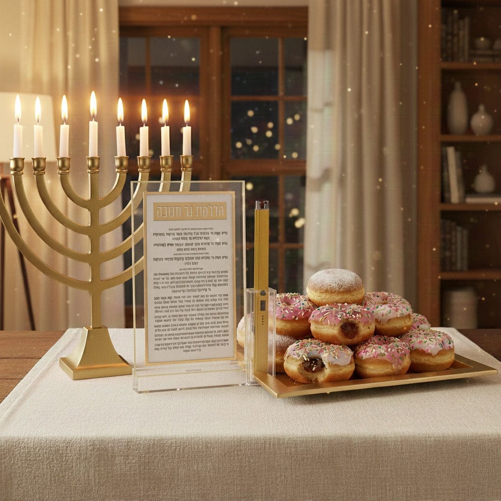 Classic 2.0 Basic Chanukah Brachos Tabletop With Lighter — detail view | Judaica Square Lakewood