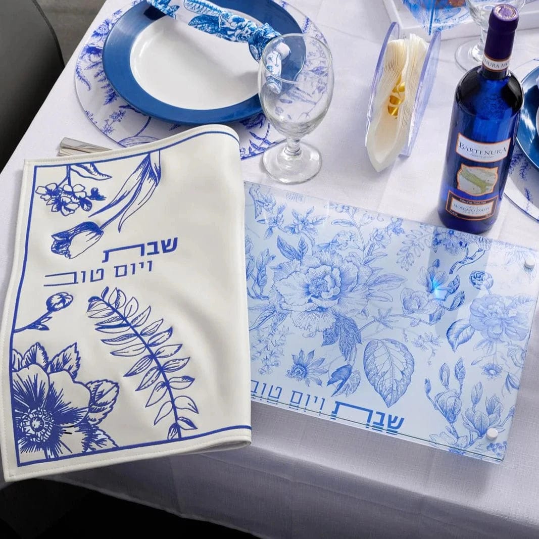 French Toile Challah Board & Cover Set — detail view | Judaica Square Lakewood