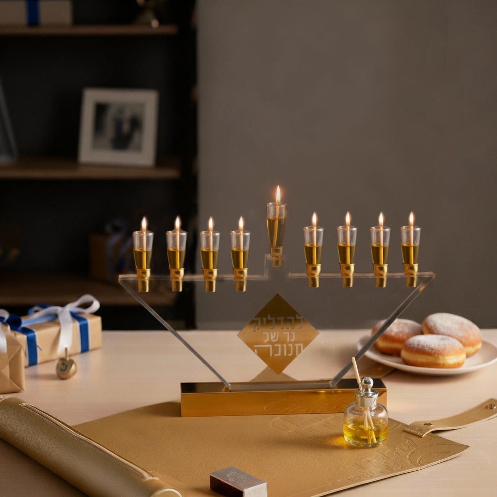 Small Leather Menorah Tray — detail view | Judaica Square Lakewood