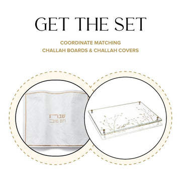 Promo graphic pairing the Leaf embroidered challah cover with the matching Lucite leaf challah board