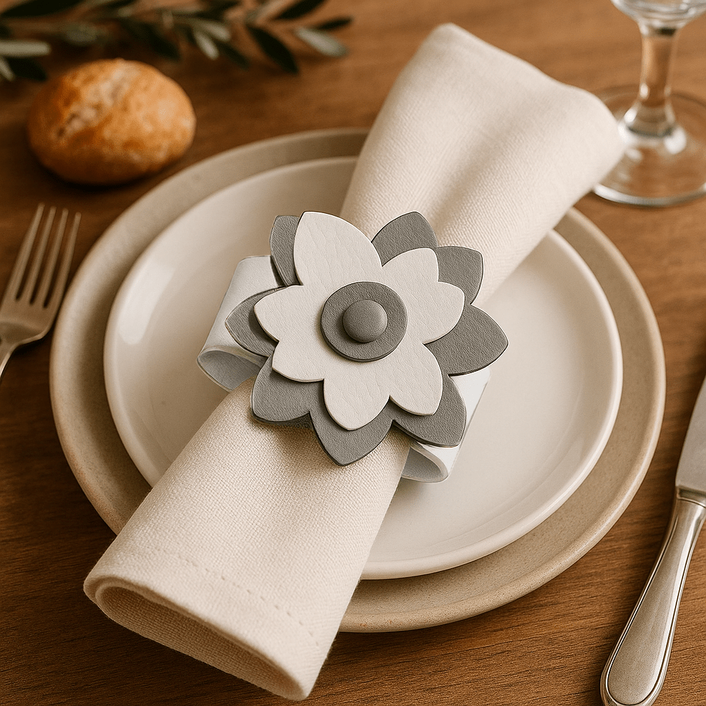 Leather Flower Napkin Wraps — detail view | Judaica Square Lakewood