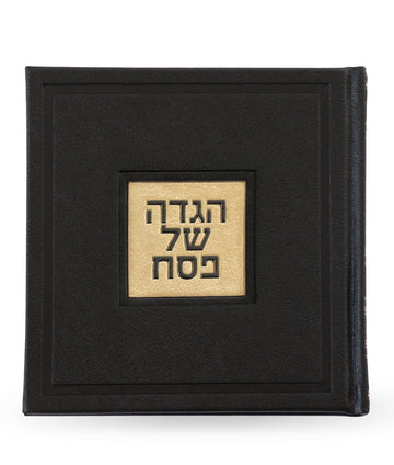 Black leather Haggadah with English Instructions cover, gold-bordered Hebrew title plaque