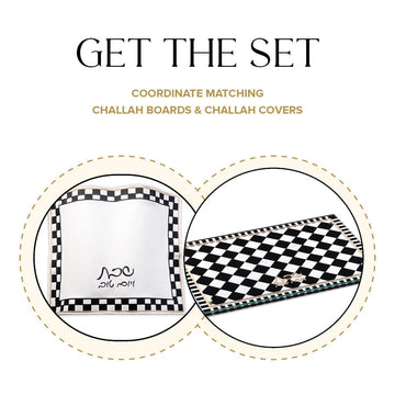 'Get the Set' graphic showing the checkered onyx challah board next to its matching cover