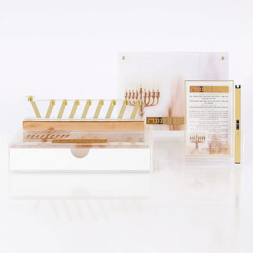 Painted menorah tray with drawer, Lucite Line Menorah, and brachos tabletop with lighter, shown together
