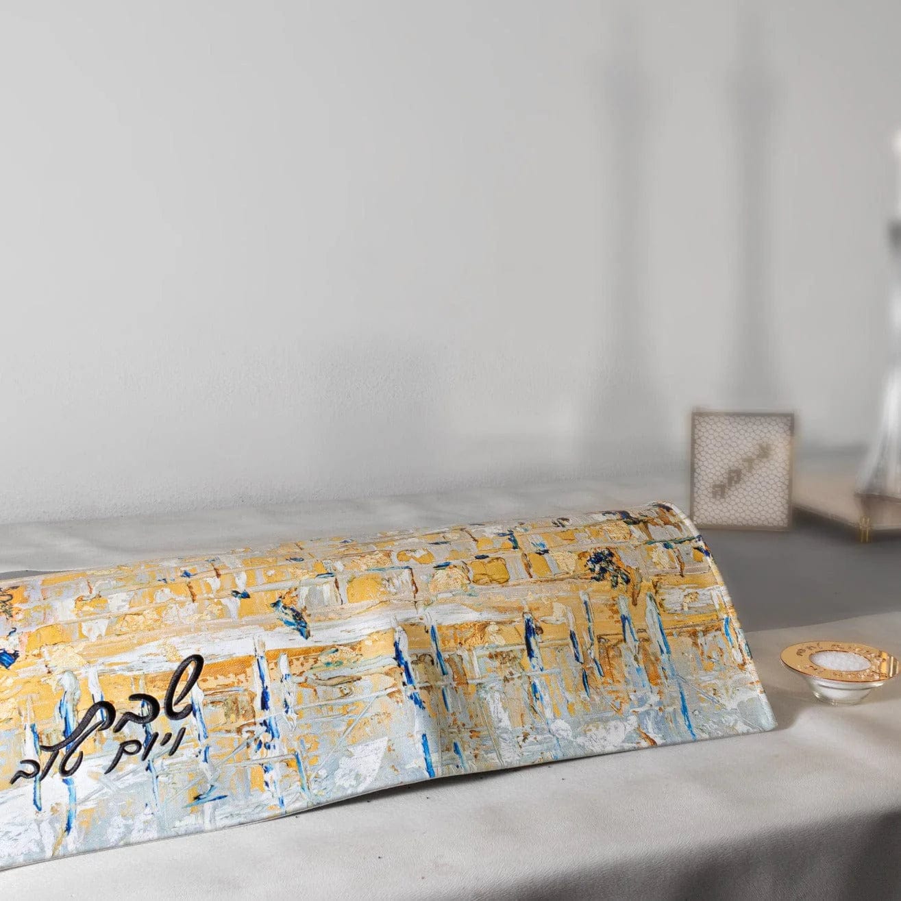 Elegant Painted Kosel Gray & Gold Challah Board and Cover Set