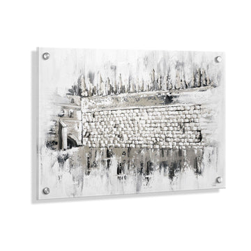 Silver-toned Kosel at Winter painting on Lucite, wide view of the Western Wall scene