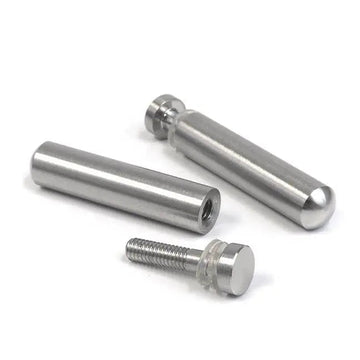 Set of two silver-tone metal tabletop pegs plus a mounting screw, studio shot