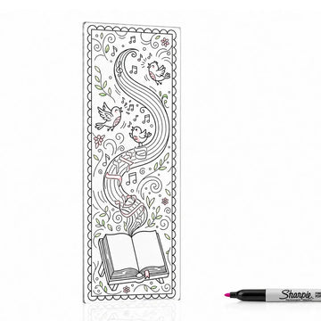 Partially colored bird and music siddur acrylic bookmark with a marker pictured beside it