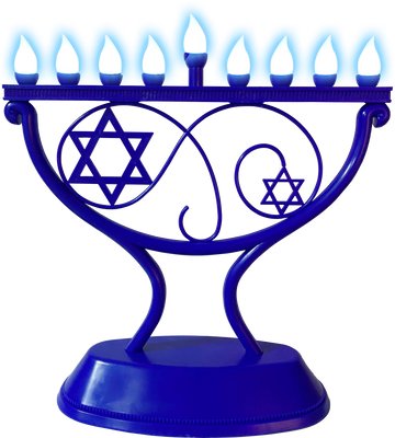 Blue whimsical LED menorah with swirls and Stars of David