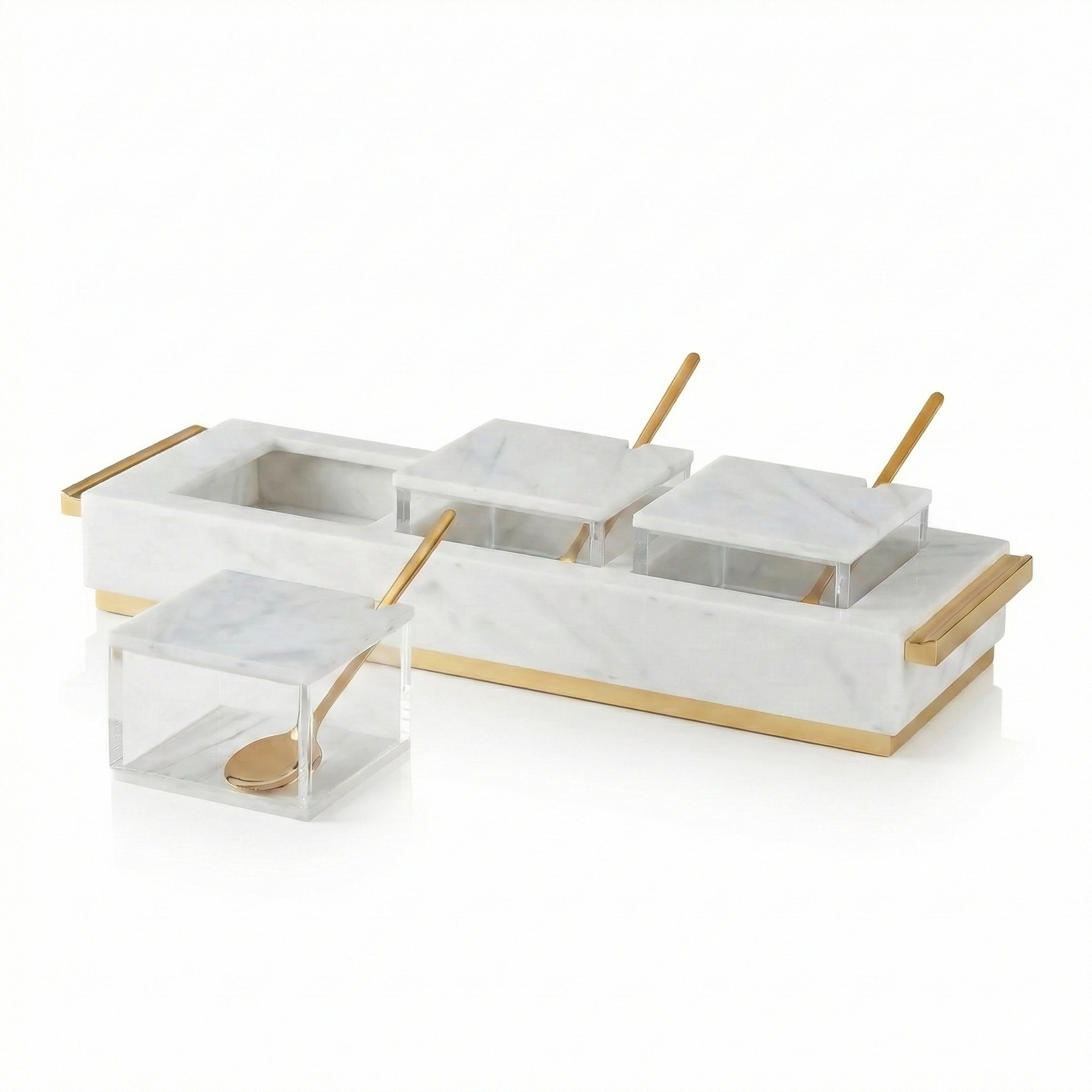 3 Dip Bowl Set — White Marble — Gold — lucite Judaica decor | Judaica Square Lakewood