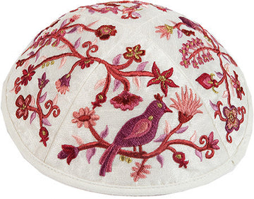 Emanuel Embroidered Kippah Bird-Flowers Pink
