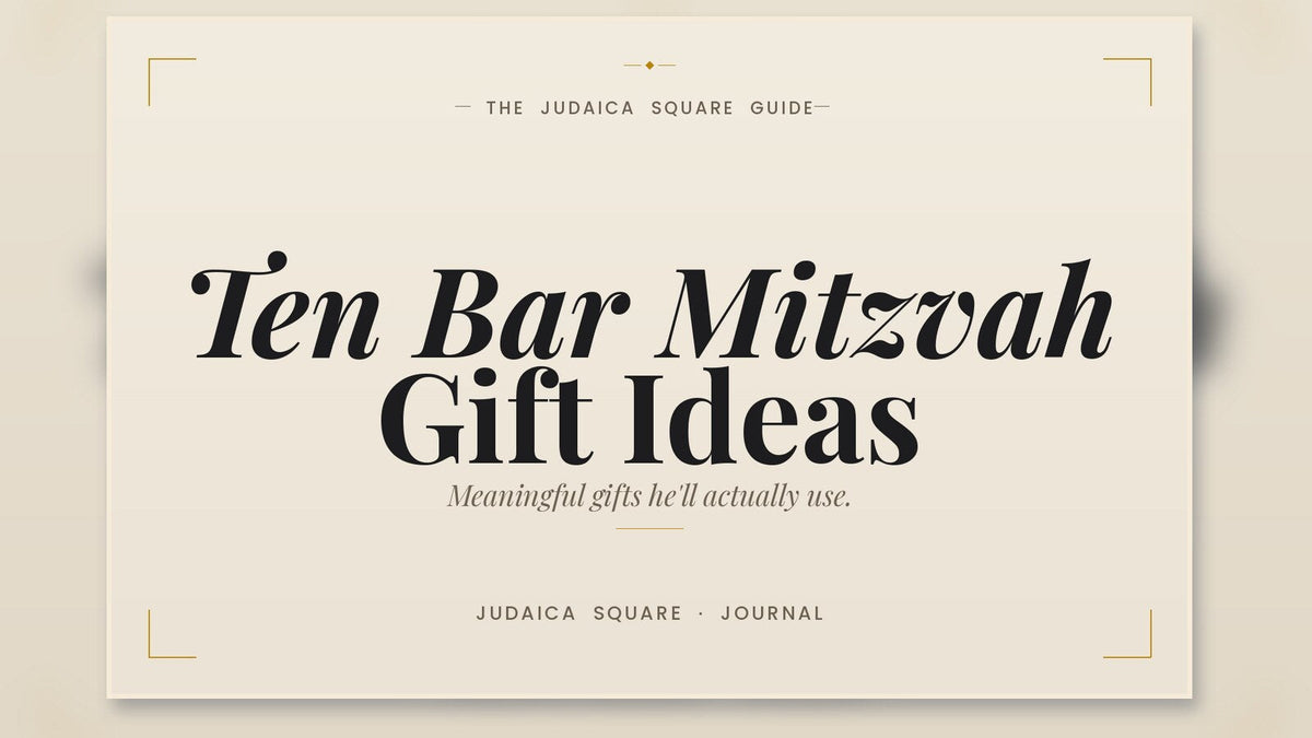 Cream and gold title card reading Ten Bar Mitzvah Gift Ideas