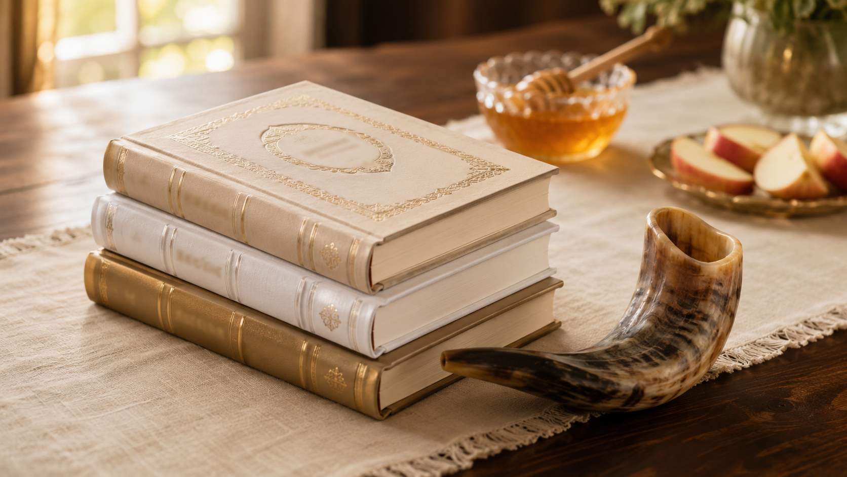 Rosh Hashanah and Yom Kippur machzorim stacked with a shofar and honey dish — machzor nusach buying guide, Judaica Square