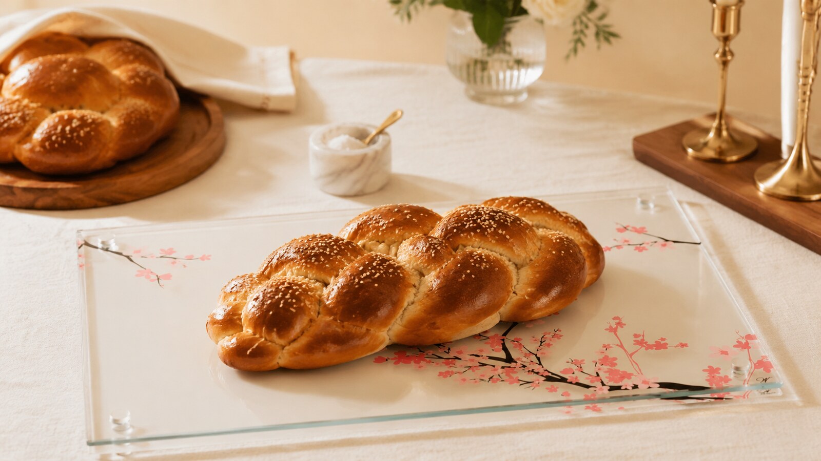Cherry-blossom lucite challah board with braided challos on a warm cream Shabbos table