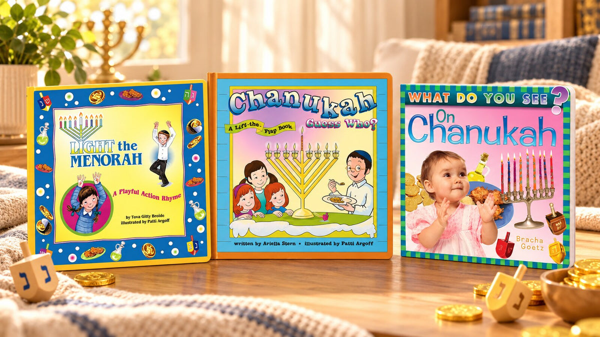 Three real Chanukah children’s books arranged in a warm family reading nook