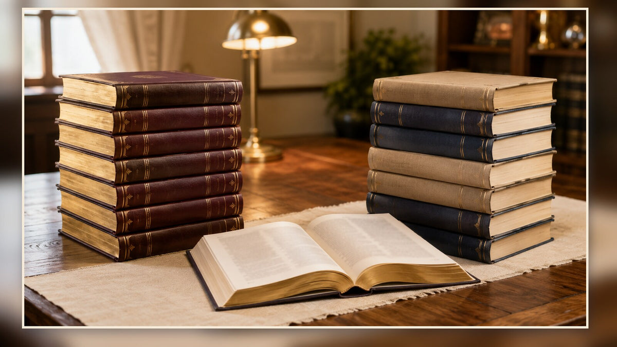 Two stacks of Talmud volumes displayed for a Schottenstein and Koren comparison