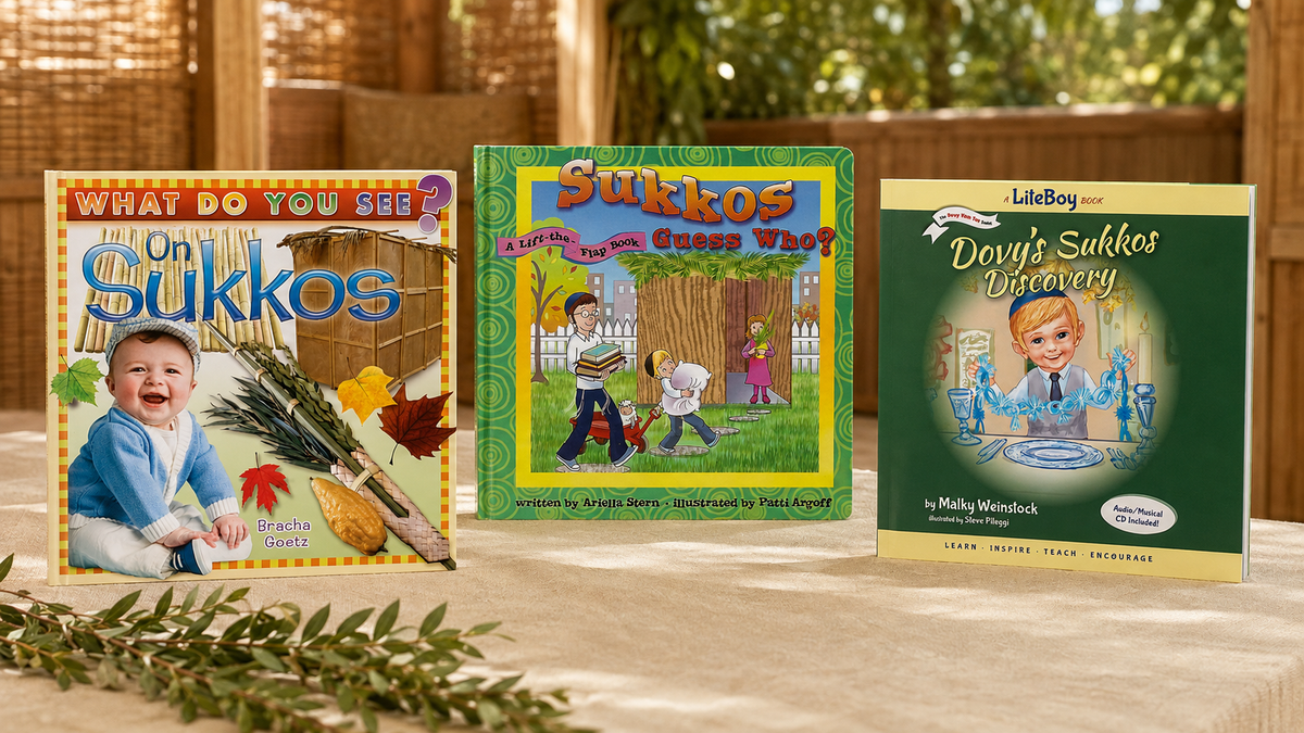 Three Sukkos children’s books displayed on a warm sukkah table