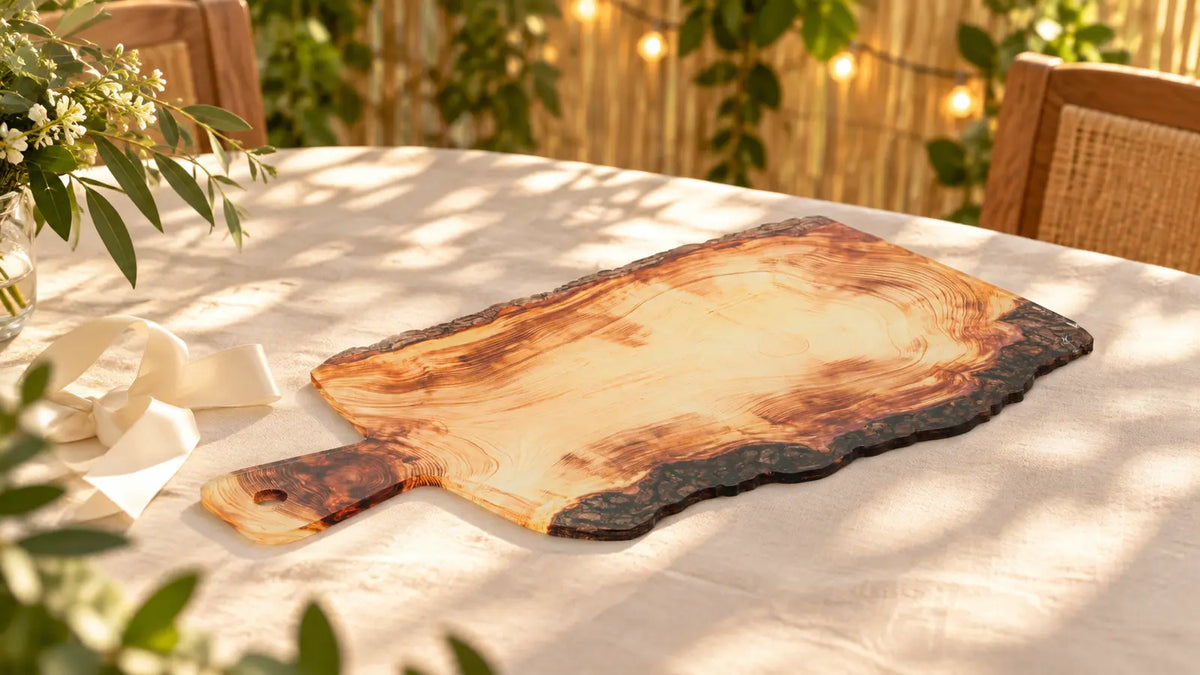 Wood-print lucite serving board on a cream table in a warmly lit sukkah