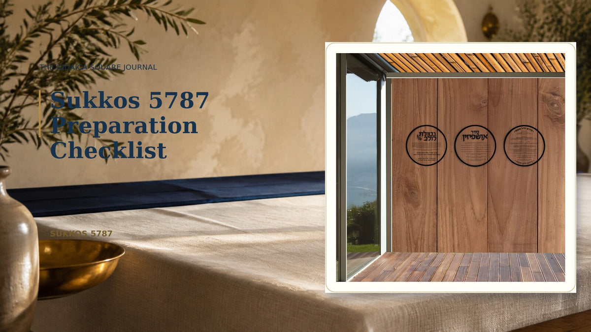 Wood-paneled sukkah with Hebrew wall decorations for a Sukkos 5787 preparation checklist