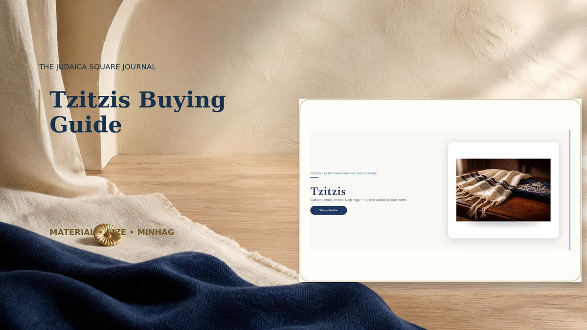 Tzitzis guide graphic with folded tzitzis on a cream and navy editorial background