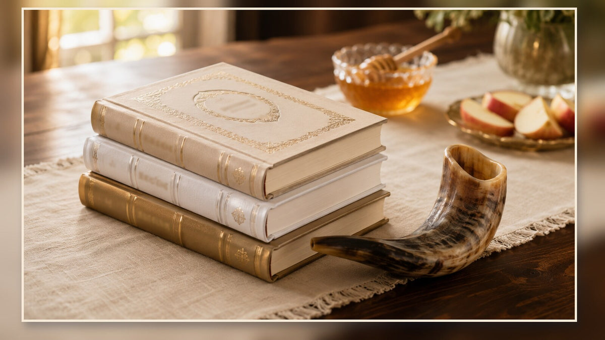 Rosh Hashanah and Yom Kippur machzorim with a shofar and honey dish