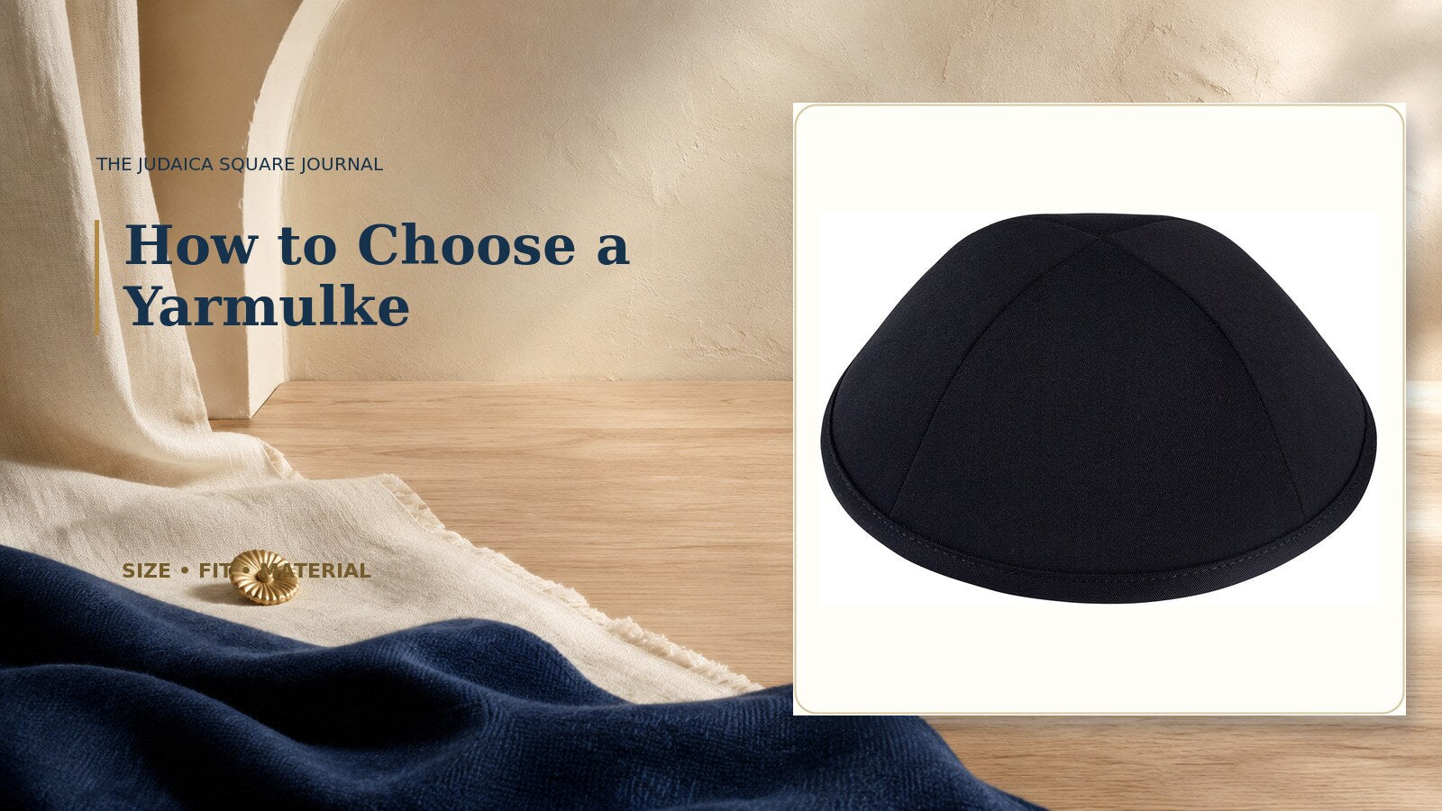 Black yarmulke displayed for a kippah size, fit and material guide