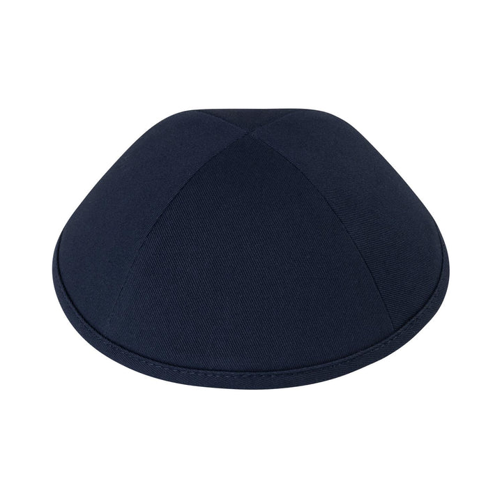 Plain dark navy cotton twill kippah, four panels meeting at the crown, with a matching navy self-fabric rim