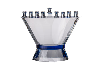 Clear crystal Chanukah menorah with a blue band at the base and nine silver-tone cups