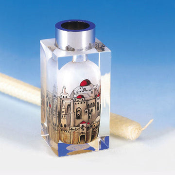 Clear crystal candlestick with reverse-painted Jerusalem walls and domes and a silver-tone collar