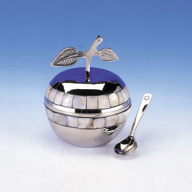 Silver-tone apple honey dish with mother of pearl bands, leaf handle lid and small spoon