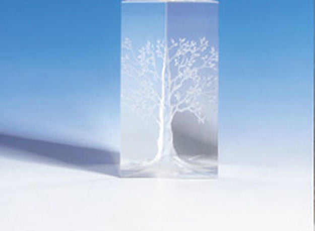 Close view of a white etched tree of life seen through a clear crystal block on blue