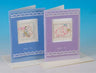 Blue teddy bear and lavender elephant Mazel Tov cards with embroidered cotton panels and lace trim