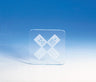 Clear square glass coaster etched with four frosted mah jongg tiles in an X pattern