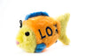 Plush fish pet toy with LOX stitched on an orange body, lime face and tail and blue fins on white
