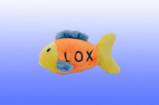 Smaller orange and yellow LOX plush fish with blue fins on a blue gradient backdrop