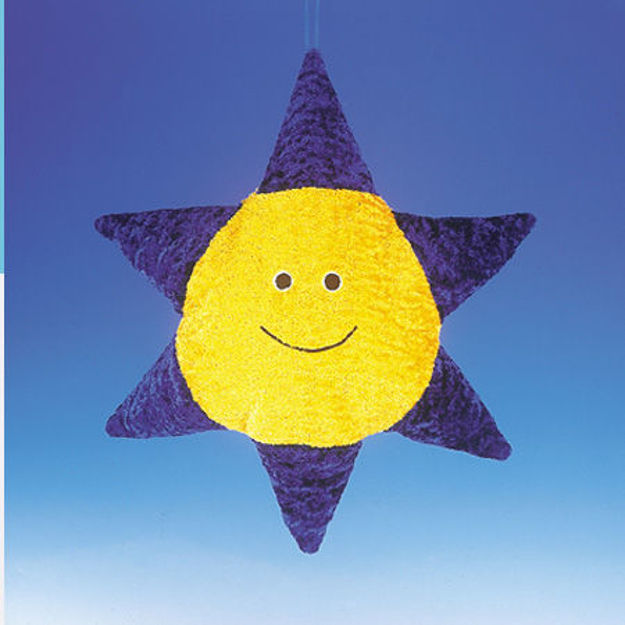 Purple plush six-pointed star pillow with a yellow center and smiling face