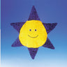 Purple plush six-pointed star pillow with a yellow center and smiling face