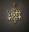 Large 14K gold Star of David pendant with twelve tribes symbols in its open sections on grey