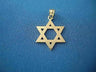 Flat polished gold Star of David pendant with open center, shown on blue fabric