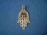 Gold hamsa with a Chai inside a ring of pierced dots at the palm, teardrop cutouts, on blue